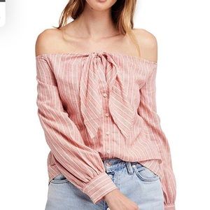 Free People Hello There Beautiful Off the Shoulder Linen Striped Top Large